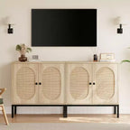 Meuble de rangement en rotin, Buffet avec étagères réglables, Petite armoire d'appoint en bois avec 2 niveaux de rangement