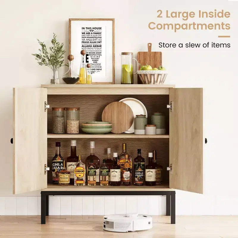 Meuble de rangement en rotin, Buffet avec étagères réglables, Petite armoire d'appoint en bois avec 2 niveaux de rangement