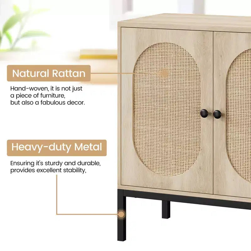 Meuble de rangement en rotin, Buffet avec étagères réglables, Petite armoire d'appoint en bois avec 2 niveaux de rangement