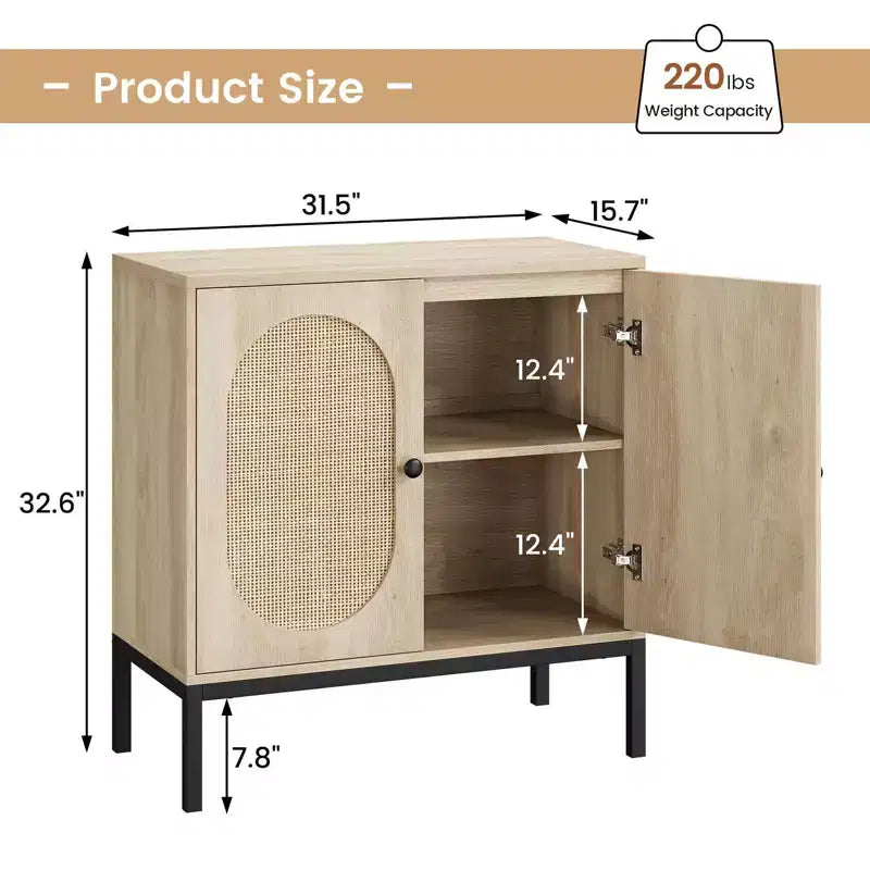 Meuble de rangement en rotin, Buffet avec étagères réglables, Petite armoire d'appoint en bois avec 2 niveaux de rangement