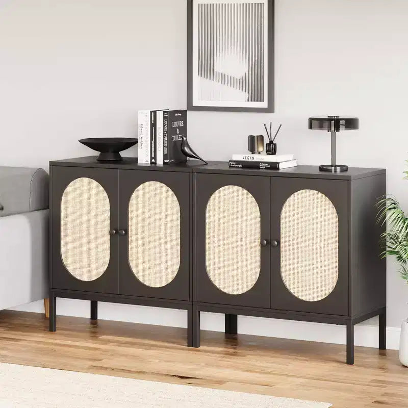 Meuble de rangement en rotin, Buffet avec étagères réglables, Petite armoire d'appoint en bois avec 2 niveaux de rangement