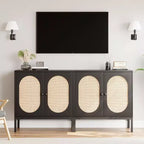 Meuble de rangement en rotin, Buffet avec étagères réglables, Petite armoire d'appoint en bois avec 2 niveaux de rangement