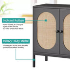 Meuble de rangement en rotin, Buffet avec étagères réglables, Petite armoire d'appoint en bois avec 2 niveaux de rangement