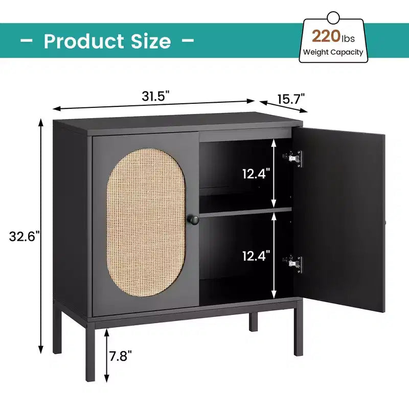 Meuble de rangement en rotin, Buffet avec étagères réglables, Petite armoire d'appoint en bois avec 2 niveaux de rangement