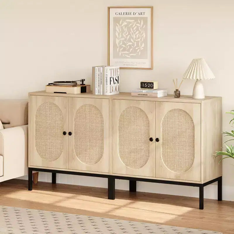 Meuble de rangement en rotin, Buffet avec étagères réglables, Petite armoire d'appoint en bois avec 2 niveaux de rangement