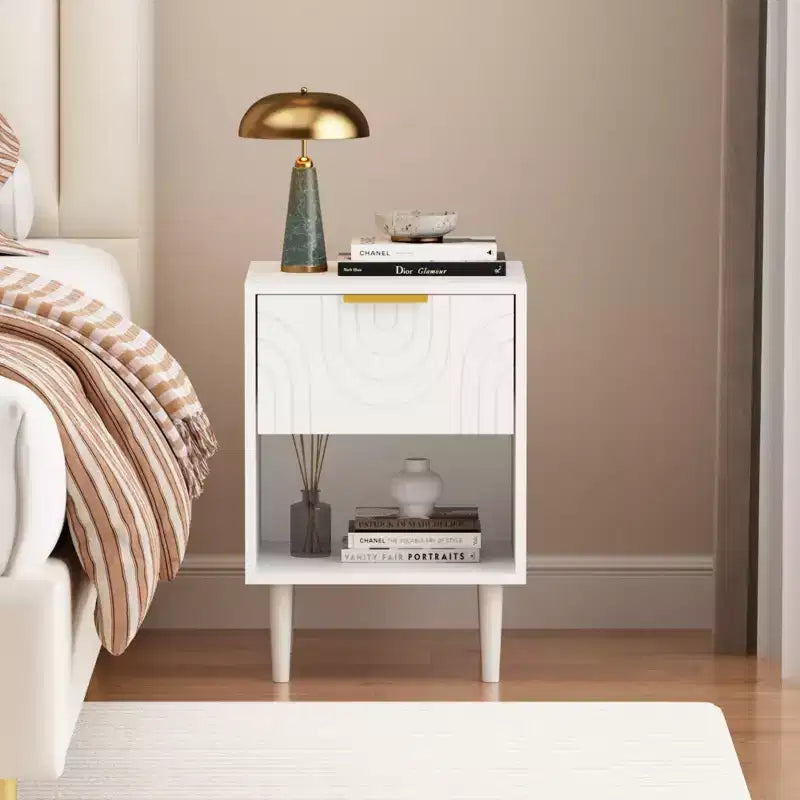 Table de Chevet Moderne en Bois Blanc avec Tiroir et Étagère - ModernLuxe