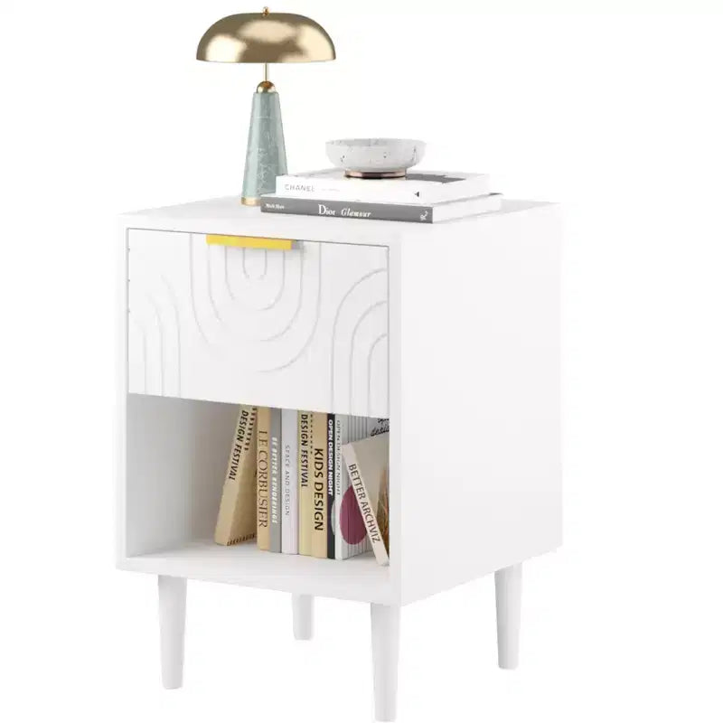 Table de Chevet Moderne en Bois Blanc avec Tiroir et Étagère - ModernLuxe