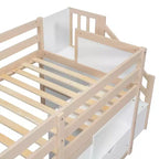 Lit mezzanine jumeau Okak en bois massif avec escalier et rangement, lits superposés jumeaux à profil bas avec tiroirs et étagères, lits mezzanine multifonctionnels pour enfants et adolescents