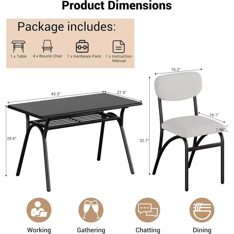 Ensemble de salle à manger 5 pièces pour petits espaces avec table rectangulaire, étagère de rangement intégrée, 4 chaises de luxe en velours, surface résistante aux rayures, peu encombrant