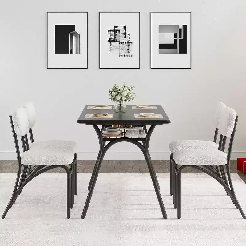 Ensemble de salle à manger 5 pièces pour petits espaces avec table rectangulaire, étagère de rangement intégrée, 4 chaises de luxe en velours, surface résistante aux rayures, peu encombrant