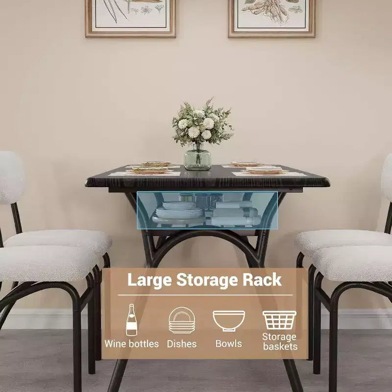 Ensemble de salle à manger 5 pièces pour petits espaces avec table rectangulaire, étagère de rangement intégrée, 4 chaises de luxe en velours, surface résistante aux rayures, peu encombrant