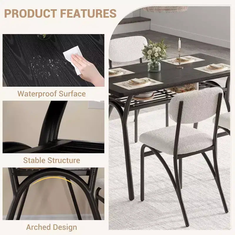Ensemble de salle à manger 5 pièces pour petits espaces avec table rectangulaire, étagère de rangement intégrée, 4 chaises de luxe en velours, surface résistante aux rayures, peu encombrant