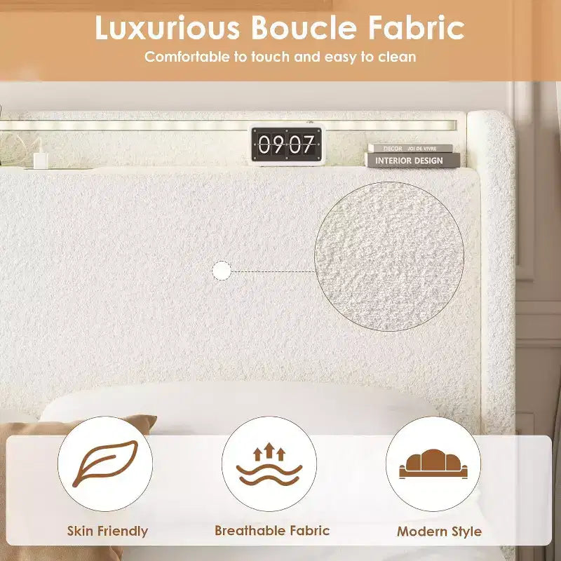Lit double en bouclette avec tête de lit de rangement, station de charge et lumières LED, aucun sommier tapissier nécessaire, 4 tiroirs de rangement