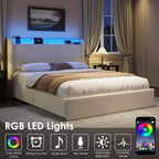 Lit double en bouclette avec tête de lit de rangement, station de charge et lumières LED, aucun sommier tapissier nécessaire, 4 tiroirs de rangement