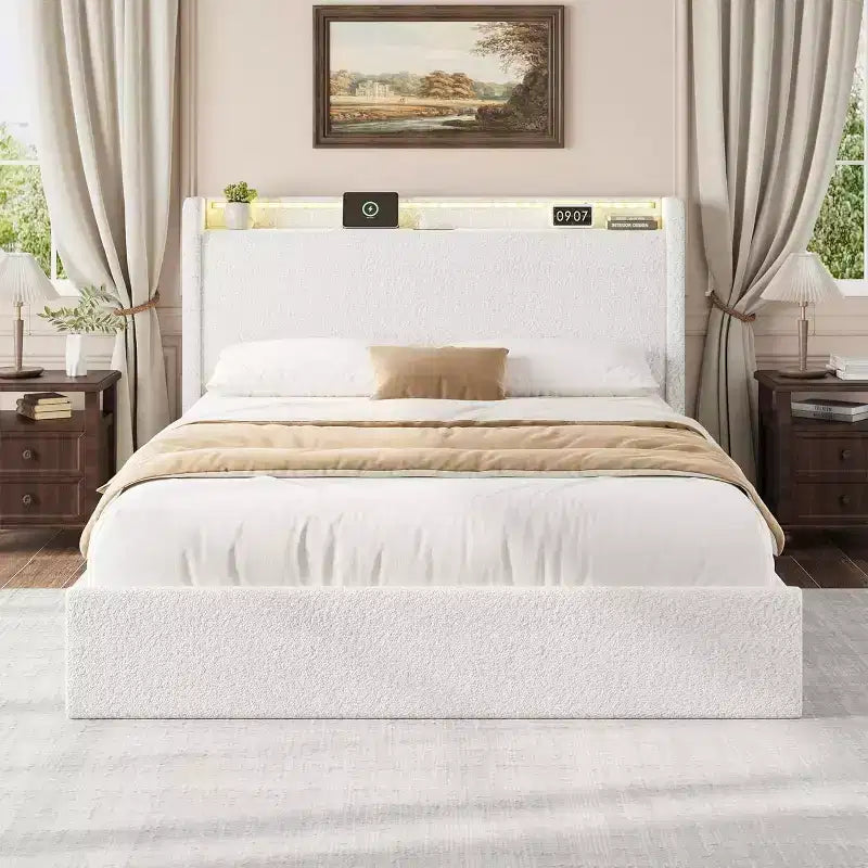 Lit double en bouclette avec tête de lit de rangement, station de charge et lumières LED, aucun sommier tapissier nécessaire, 4 tiroirs de rangement