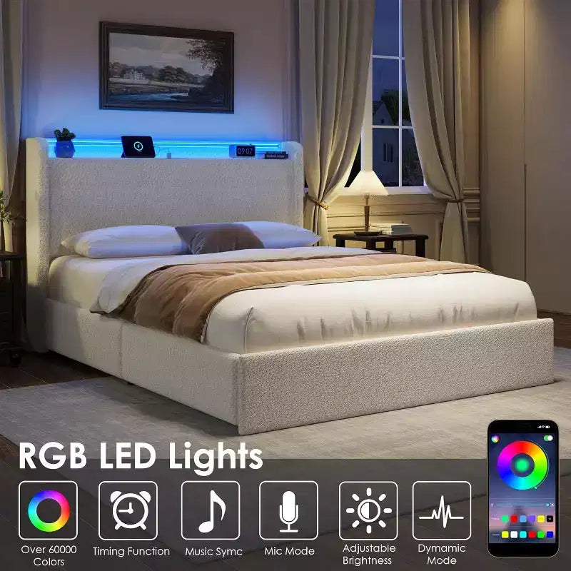 Lit double en bouclette avec tête de lit de rangement, station de charge et lumières LED, aucun sommier tapissier nécessaire, 4 tiroirs de rangement