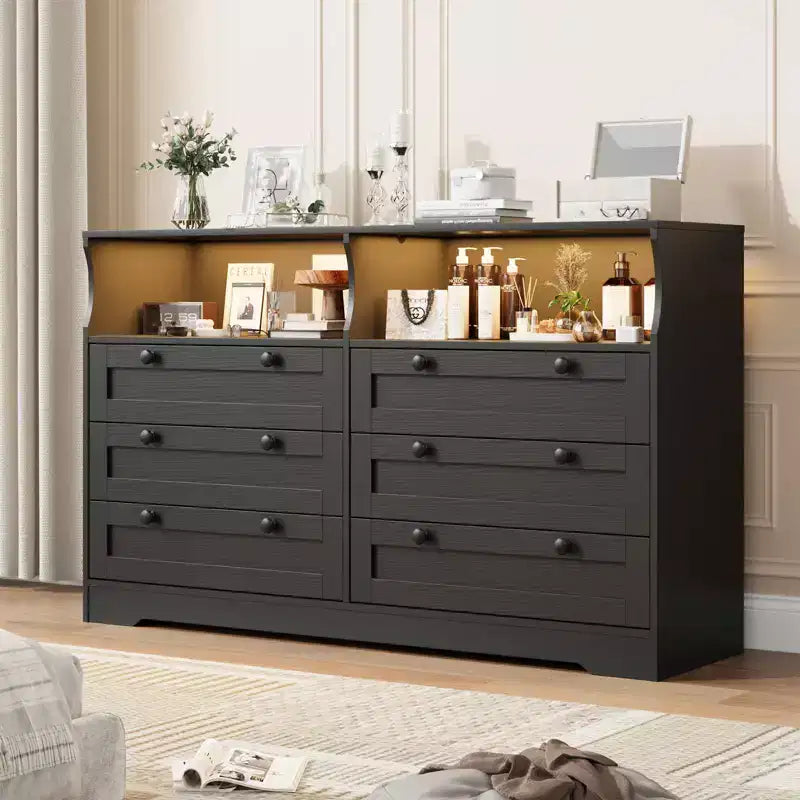 Commode de chambre à coucher en bois de 140 cm avec 6 tiroirs, éclairage LED et grand espace de rangement, organiseur de commode large pour placard et salon