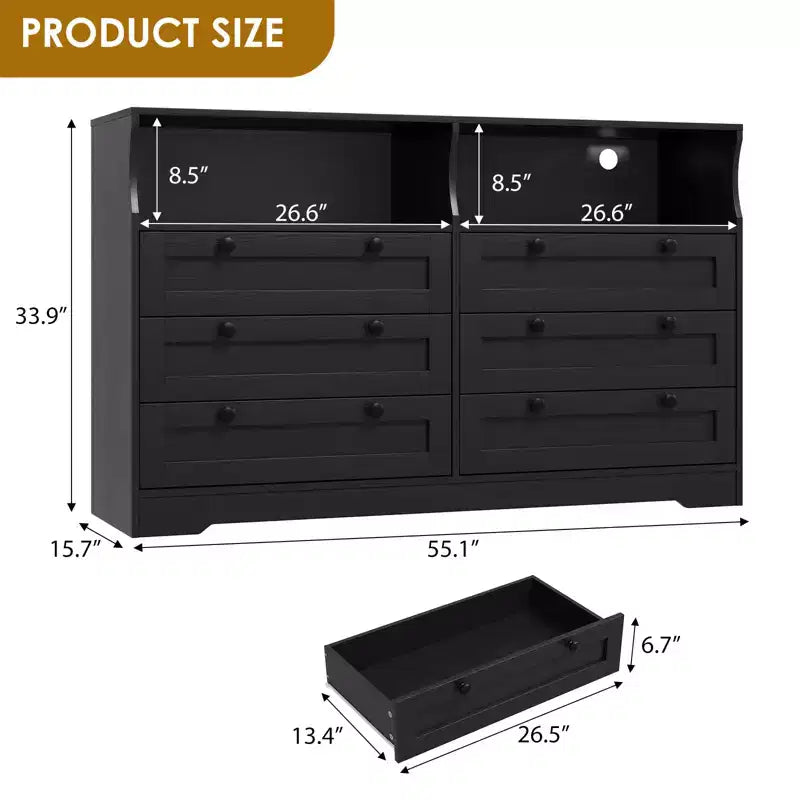Commode de chambre à coucher en bois de 140 cm avec 6 tiroirs, éclairage LED et grand espace de rangement, organiseur de commode large pour placard et salon