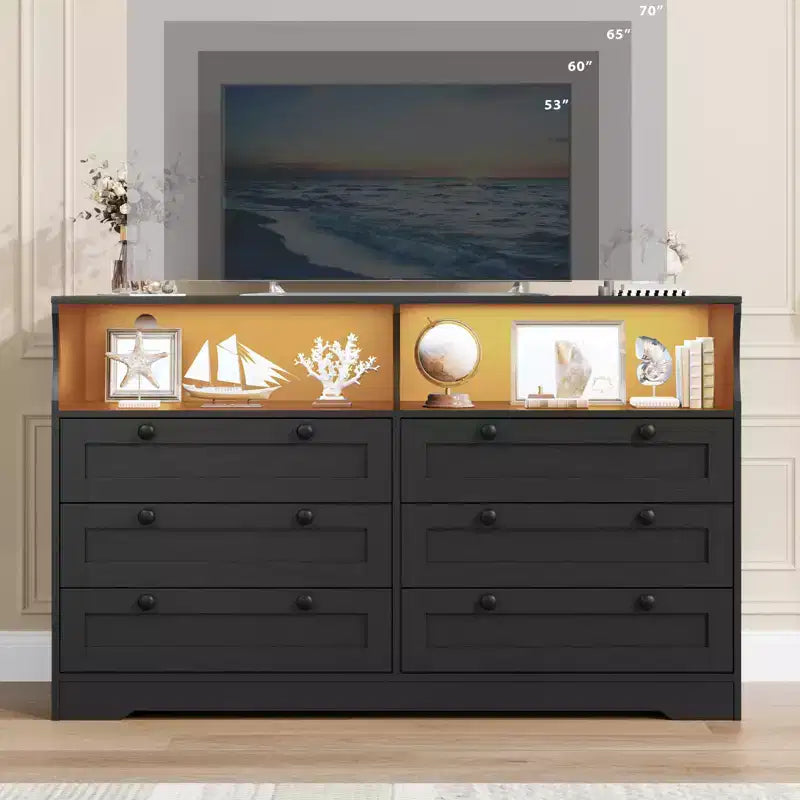 Commode de chambre à coucher en bois de 140 cm avec 6 tiroirs, éclairage LED et grand espace de rangement, organiseur de commode large pour placard et salon