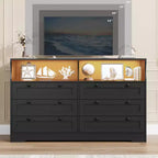 Commode de chambre à coucher en bois de 140 cm avec 6 tiroirs, éclairage LED et grand espace de rangement, organiseur de commode large pour placard et salon