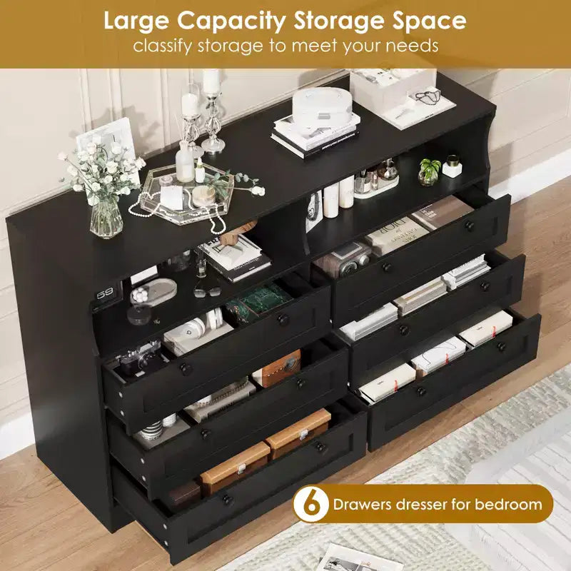 Commode de chambre à coucher en bois de 140 cm avec 6 tiroirs, éclairage LED et grand espace de rangement, organiseur de commode large pour placard et salon