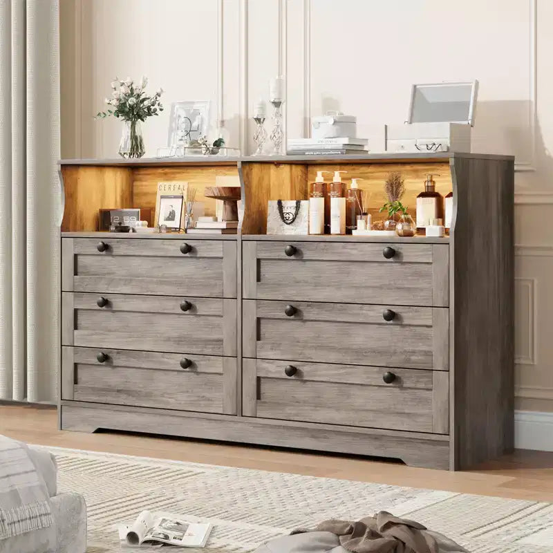 Commode de chambre à coucher en bois de 140 cm avec 6 tiroirs, éclairage LED et grand espace de rangement, organiseur de commode large pour placard et salon