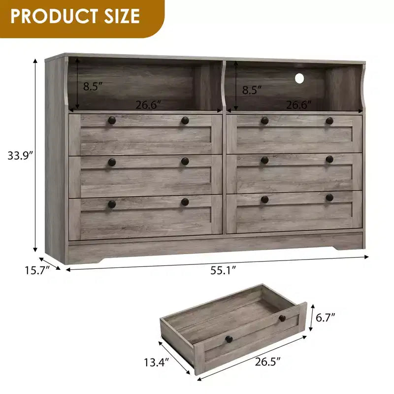 Commode de chambre à coucher en bois de 140 cm avec 6 tiroirs, éclairage LED et grand espace de rangement, organiseur de commode large pour placard et salon