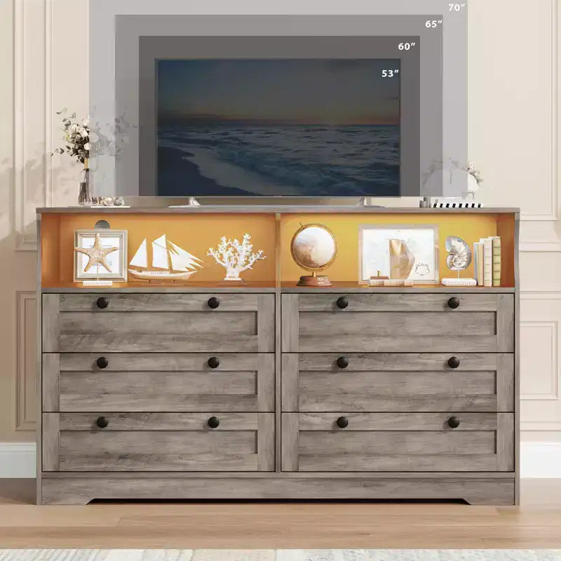 Commode de chambre à coucher en bois de 140 cm avec 6 tiroirs, éclairage LED et grand espace de rangement, organiseur de commode large pour placard et salon