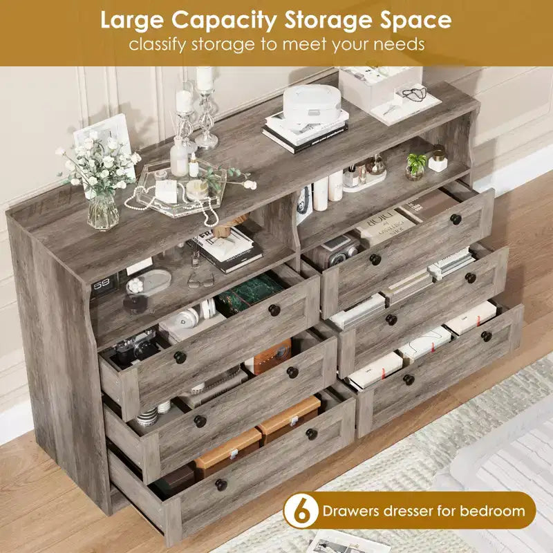 Commode de chambre à coucher en bois de 140 cm avec 6 tiroirs, éclairage LED et grand espace de rangement, organiseur de commode large pour placard et salon