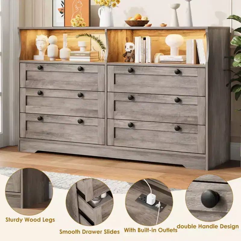 Commode de chambre à coucher en bois de 140 cm avec 6 tiroirs, éclairage LED et grand espace de rangement, organiseur de commode large pour placard et salon