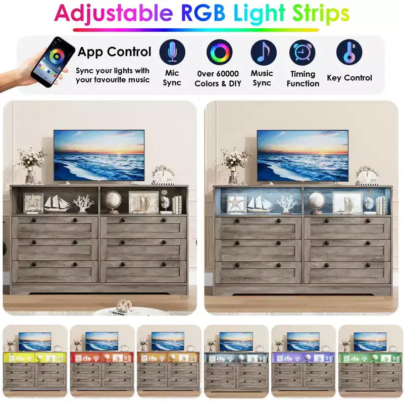Commode de chambre à coucher en bois de 140 cm avec 6 tiroirs, éclairage LED et grand espace de rangement, organiseur de commode large pour placard et salon