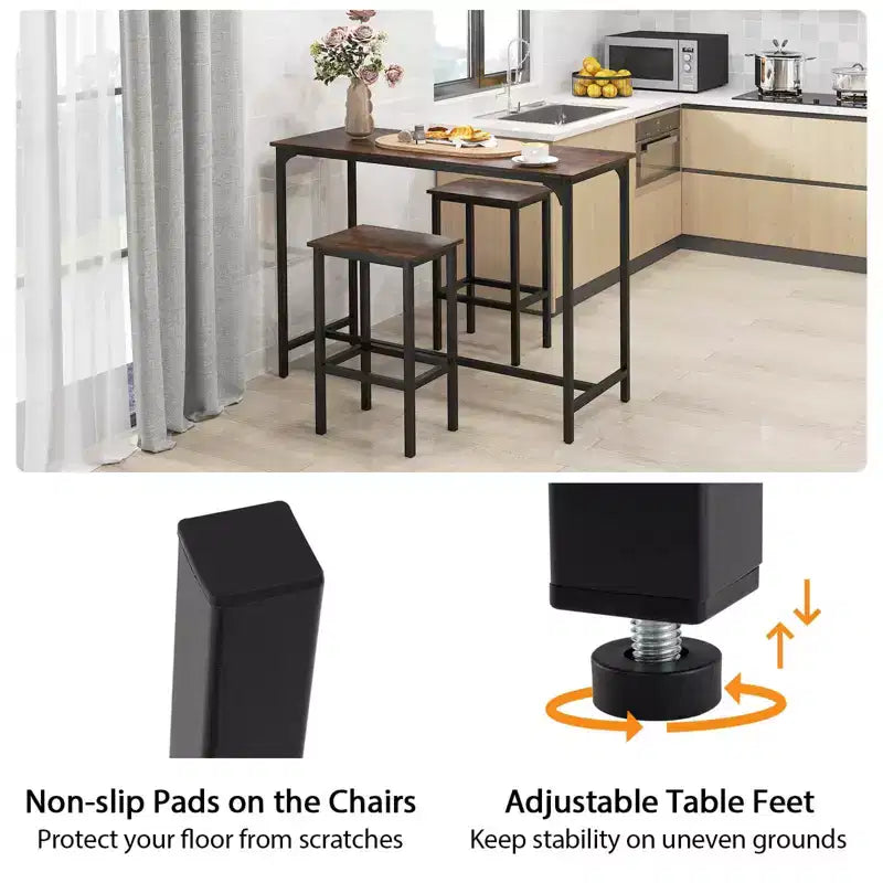 Costway Ensemble table de bar 3 pièces avec repose-pieds Table rectangulaire de hauteur comptoir et chaises Marron/Gris/Noir