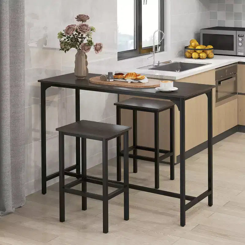 Costway Ensemble table de bar 3 pièces avec repose-pieds Table rectangulaire de hauteur comptoir et chaises Marron/Gris/Noir