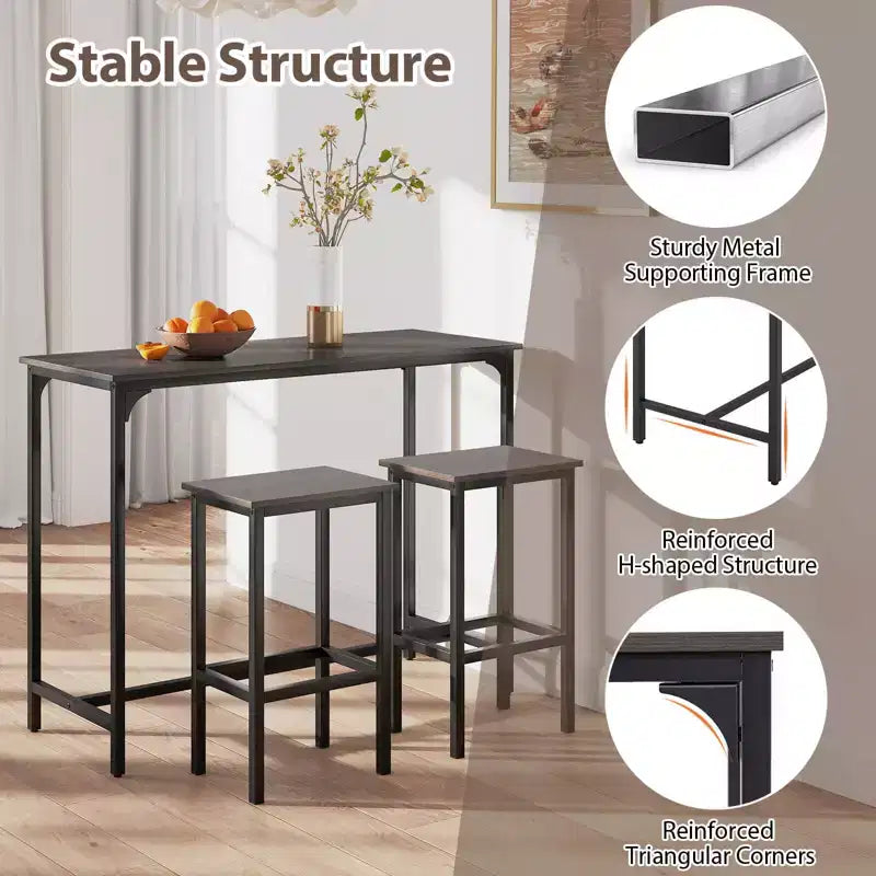 Costway Ensemble table de bar 3 pièces avec repose-pieds Table rectangulaire de hauteur comptoir et chaises Marron/Gris/Noir