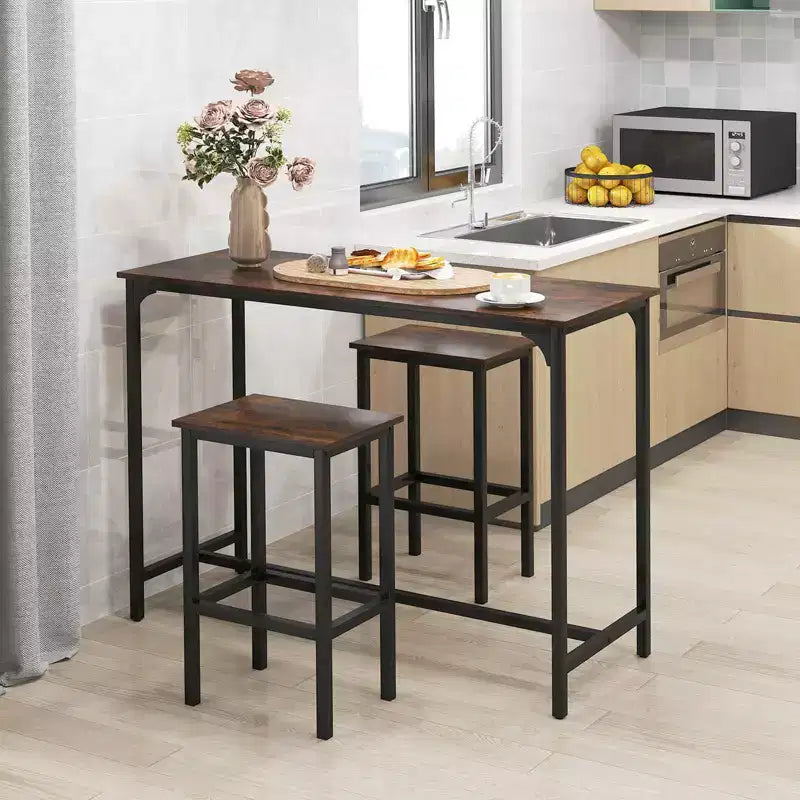 Costway Ensemble table de bar 3 pièces avec repose-pieds Table rectangulaire de hauteur comptoir et chaises Marron/Gris/Noir