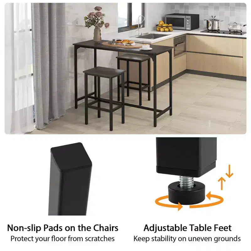 Costway Ensemble table de bar 3 pièces avec repose-pieds Table rectangulaire de hauteur comptoir et chaises Marron/Gris/Noir