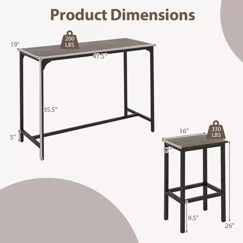 Costway Ensemble table de bar 3 pièces avec repose-pieds Table rectangulaire de hauteur comptoir et chaises Marron/Gris/Noir
