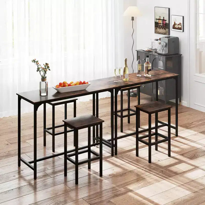 Costway Ensemble table de bar 3 pièces avec repose-pieds Table rectangulaire de hauteur comptoir et chaises Marron/Gris/Noir
