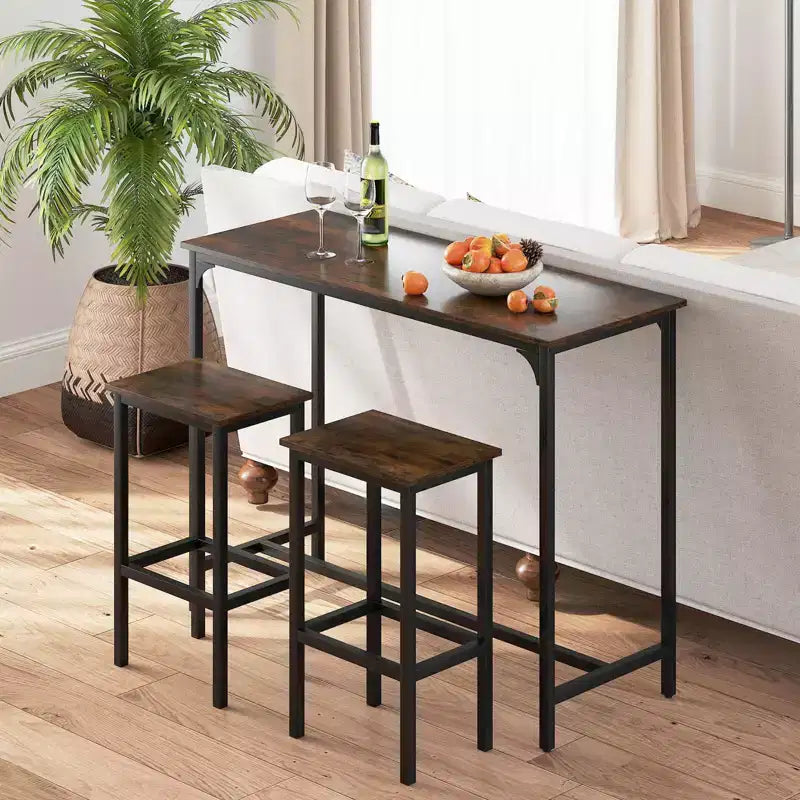 Costway Ensemble table de bar 3 pièces avec repose-pieds Table rectangulaire de hauteur comptoir et chaises Marron/Gris/Noir