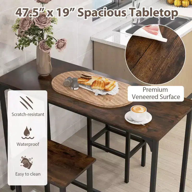 Costway Ensemble table de bar 3 pièces avec repose-pieds Table rectangulaire de hauteur comptoir et chaises Marron/Gris/Noir
