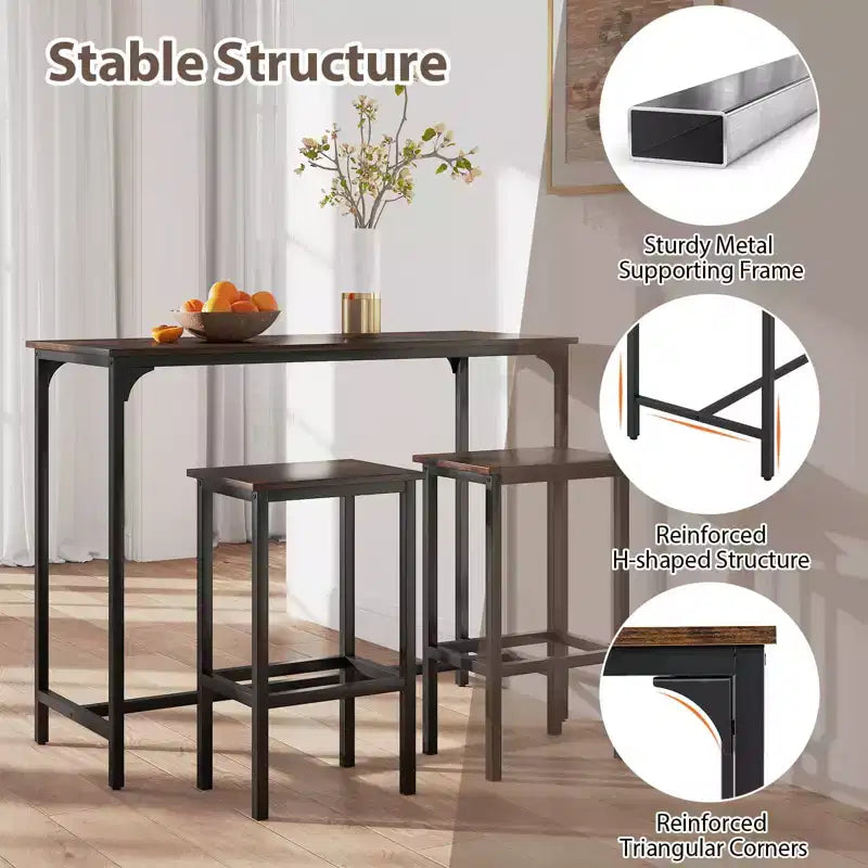 Costway Ensemble table de bar 3 pièces avec repose-pieds Table rectangulaire de hauteur comptoir et chaises Marron/Gris/Noir