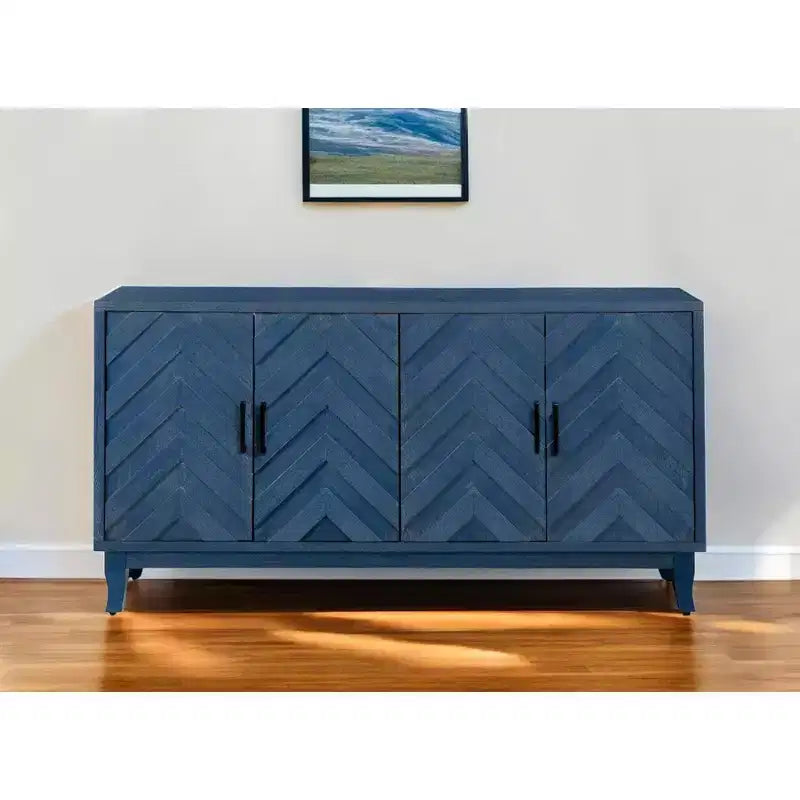 HomeRoots Buffet en bois vieilli à chevrons texturés bleu 60 po avec quatre portes