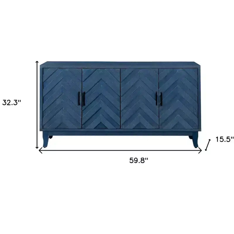 HomeRoots Buffet en bois vieilli à chevrons texturés bleu 60 po avec quatre portes