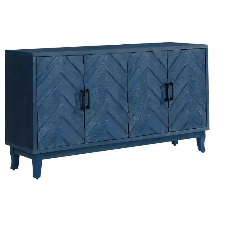 HomeRoots Buffet en bois vieilli à chevrons texturés bleu 60 po avec quatre portes