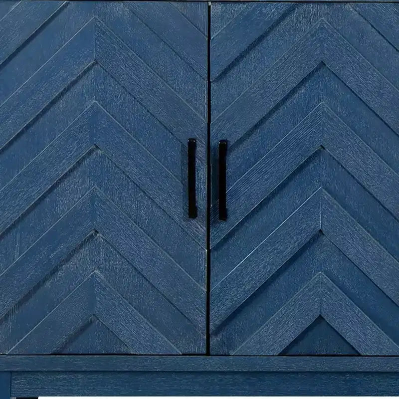 HomeRoots Buffet en bois vieilli à chevrons texturés bleu 60 po avec quatre portes