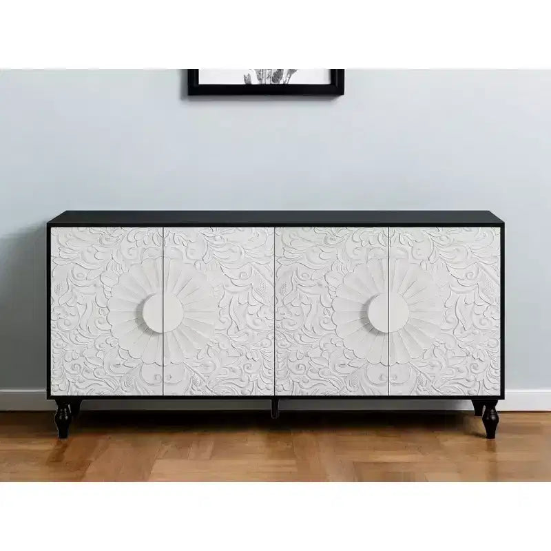 HomeRoots, buffet floral sculpté, vieilli, noir et blanc, 68 po, avec quatre portes