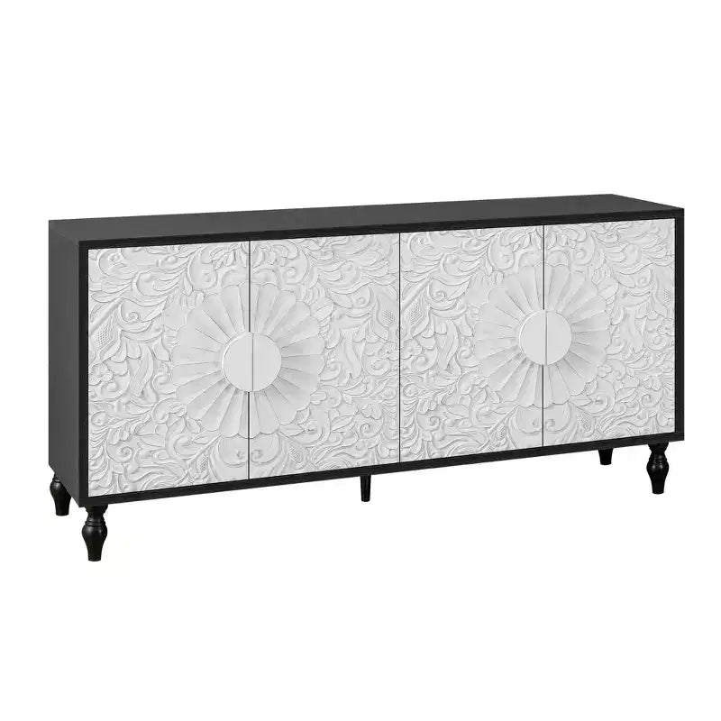 HomeRoots, buffet floral sculpté, vieilli, noir et blanc, 68 po, avec quatre portes