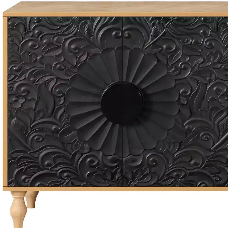 HomeRoots Buffet à fleurs sculpté vieilli naturel et noir avec quatre portes, 172 cm