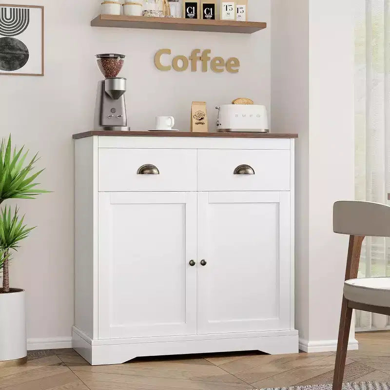 Modern Farmhouse Coffee Bar Cabinet  White Buffet with 2 Doors, 2 Drawers & Adjustable Shelf for Kitchen, Dining, or Living Room