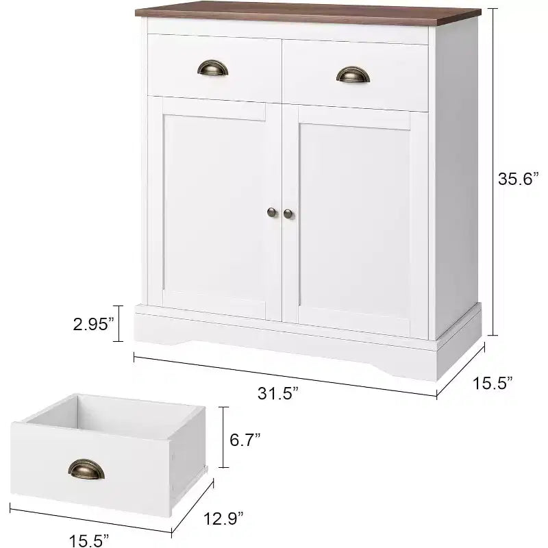 Meuble de Bar à Café Style Ferme Moderne, Buffet Blanc avec 2 Portes, 2 Tiroirs et Étagère Réglable pour Cuisine, Salle à Manger ou Salon